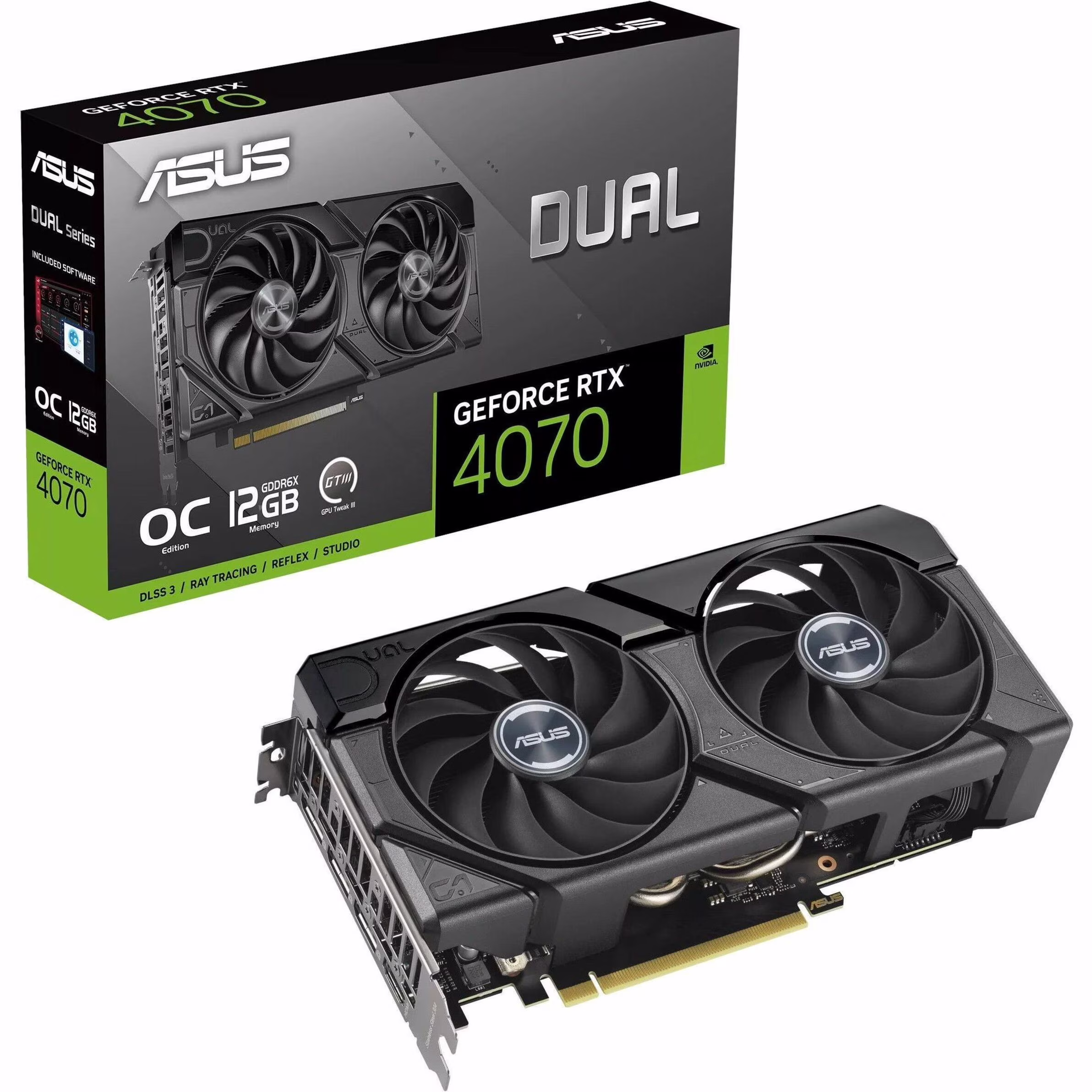 ASUS Dual GeForce RTX 4070 EVO OC Edition 12GB GDDR6X is designed for broad compatibility, with a 2.5-slot design, Axial-tech fan design, 0dB technology, Auto-Extreme Technology — Walmart US